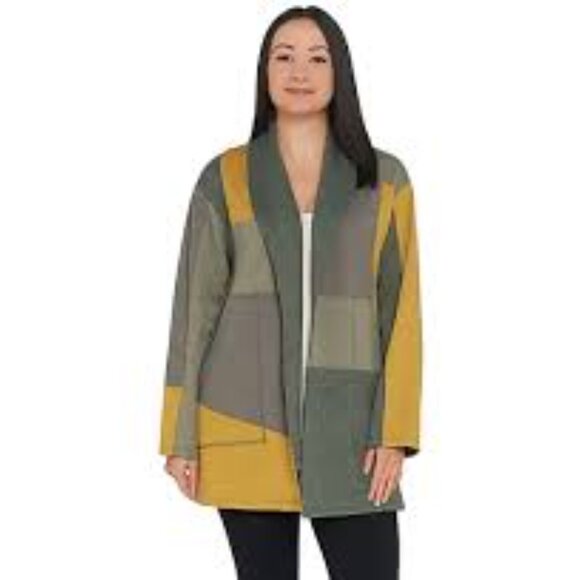 Grey Yellow Open‎ Front Soft Plus Size Cardigan size 3X patchwork autumn layers - Picture 1 of 8